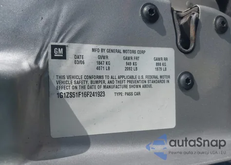 2006 Chevrolet Malibu Ls из США, поврежденный, VIN 1G1ZS51F16F241923